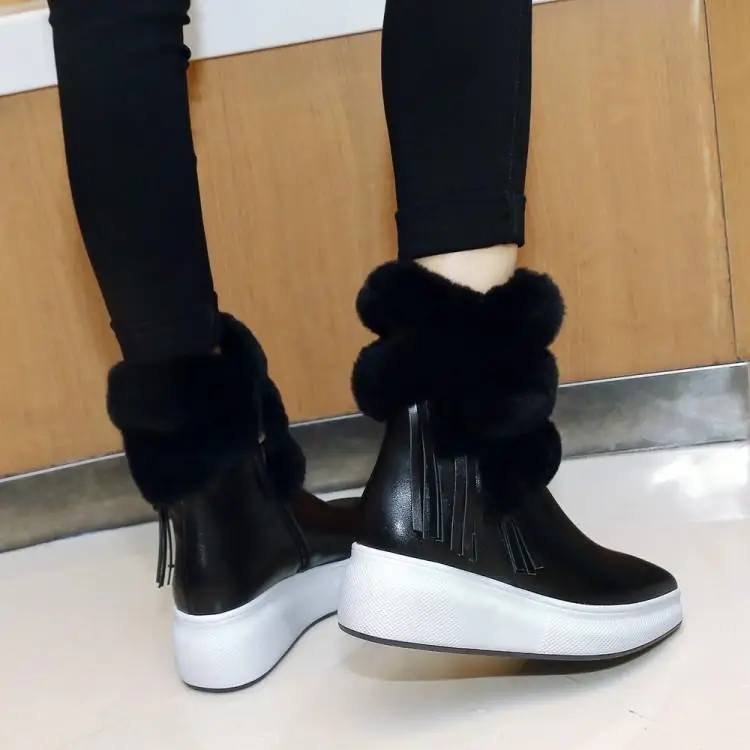 Seite Schnalle Braun Stiefel Winter Damen orange Gummi Frauen Schwarz Zapatos Schwarzes Luxus Leder Quaste Mujer Spitz Mittlere Ferse Booties Pelz 5EwqwY6
