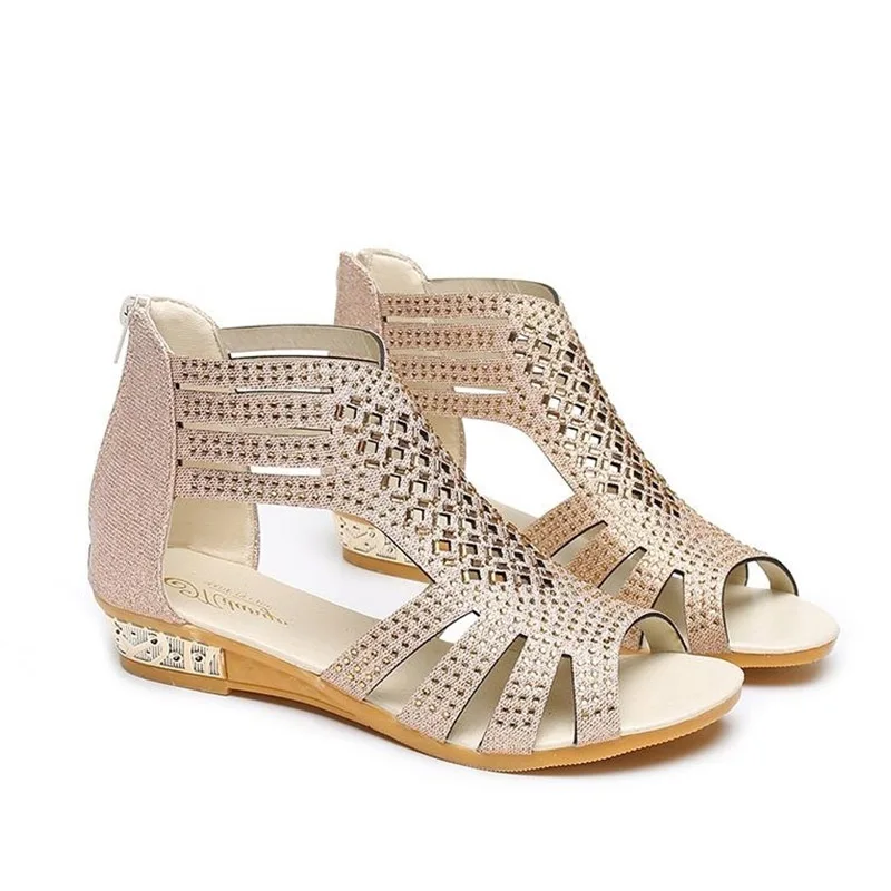 

Plus Size 36-43 Women Sandals Back Zipper Gladiator Sandals Bling sandalias botas Flat Sandal Hollow out Women Shoes Ladies 7572