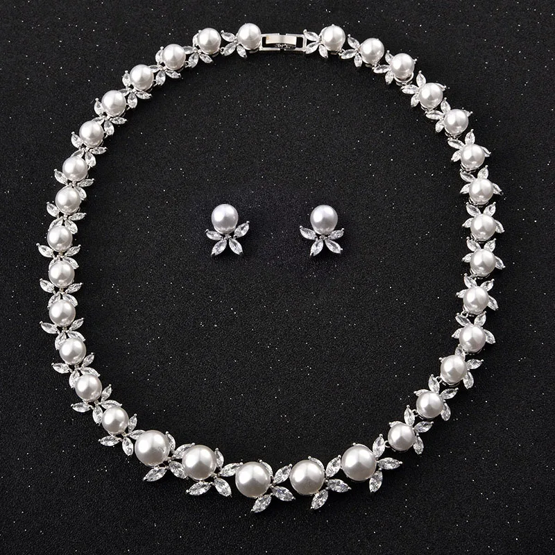 

New Elegance Cubic Zirconia Stone Big Pearl Choker Necklace Earrings Set for Women Wedding Bridal Costume Jewelry 2018