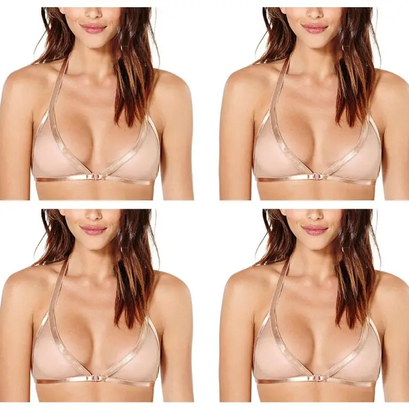 

Women Erotic Sheer Mesh Triangle Cup Underwear Bra Metallic Halter Strap V-Neck Lingerie Bralette Front Closure Unpadded Bustie