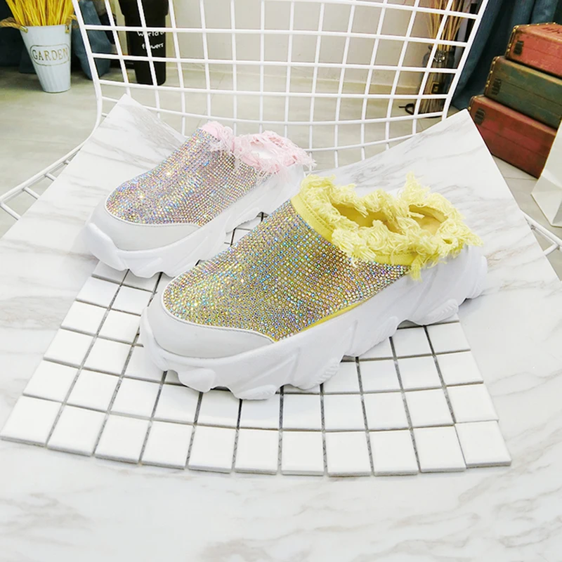 

Women's Slippers Half Shoes 2019 Summer Fashion Rhinestone High Heels Woman Slippers Chunky Sneakers For Woman Shoes Ladies Shoe