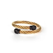 Stretch Men's Skull Bangles Punk Black Twisted Wire Cable Cuff Stainless Steel Double Skeleton Head With Crystal Bracelet Men new arrival spring wire line colorful titanium steel bracelet stretch stainless steel cable bangles for women