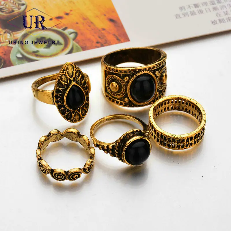 

Knuckle Finger Rings 5 Pcs/Set For Women Vintage Gold Silver Color Black Zircon Geometric Hollow Out Fashion Jewelry KB154 KB155