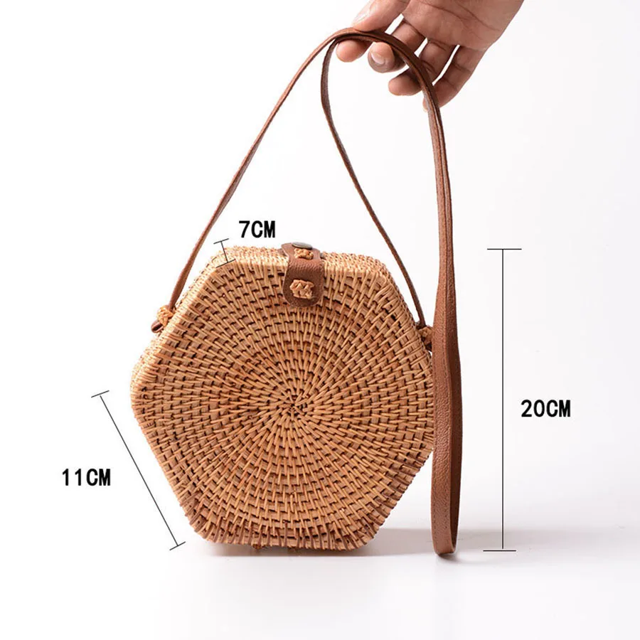Тканые женские сумки ручной работы из ротанга, винтажная Плетеная соломенная сумка на плечо, женская сумка из искусственной кожи на ремешках, сумка через плечо BJH