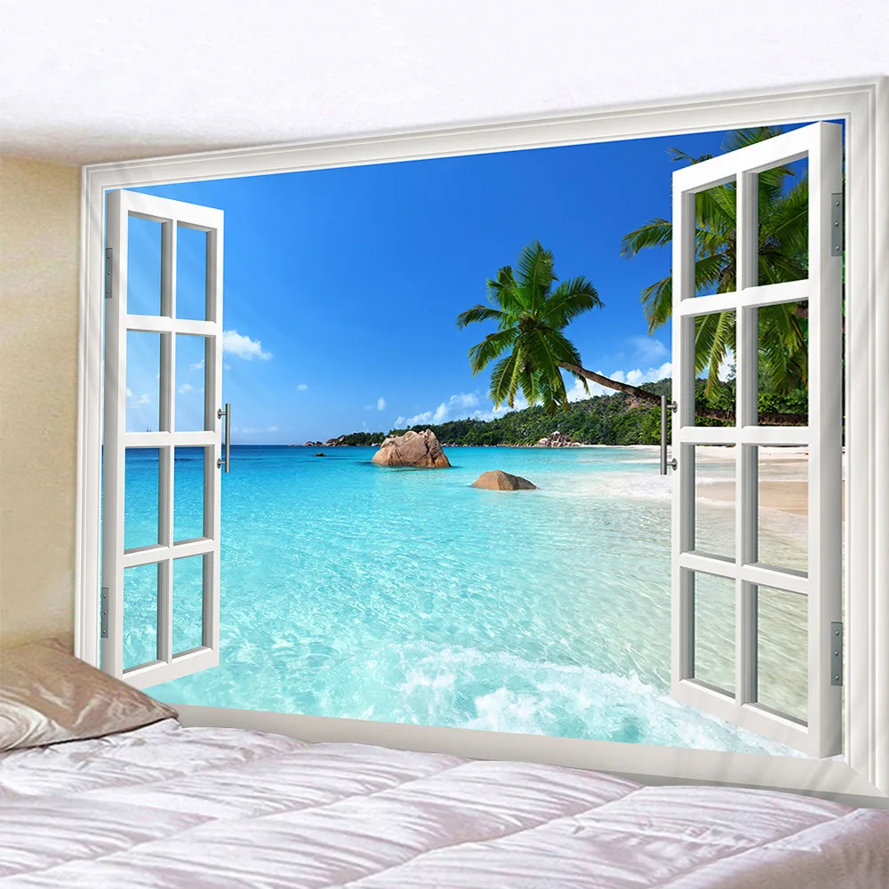 

Beach Landscape Outside The Window 3d Tapestry Wall Hanging Bedroom Wall Fabric Hippie Tapestry Mandala Bohemian Decor Blanket