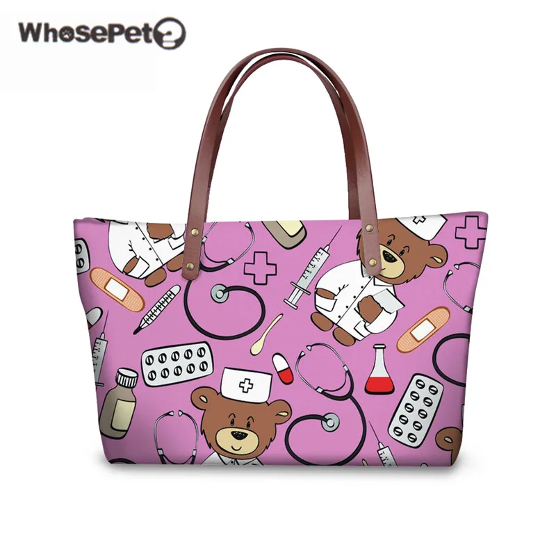 

WHOSEPET Pink Women Top-handle Bag Cute Cartoon Nurse Printing Female Large Summer Beach Messenger Bag For Travel Designer Tote
