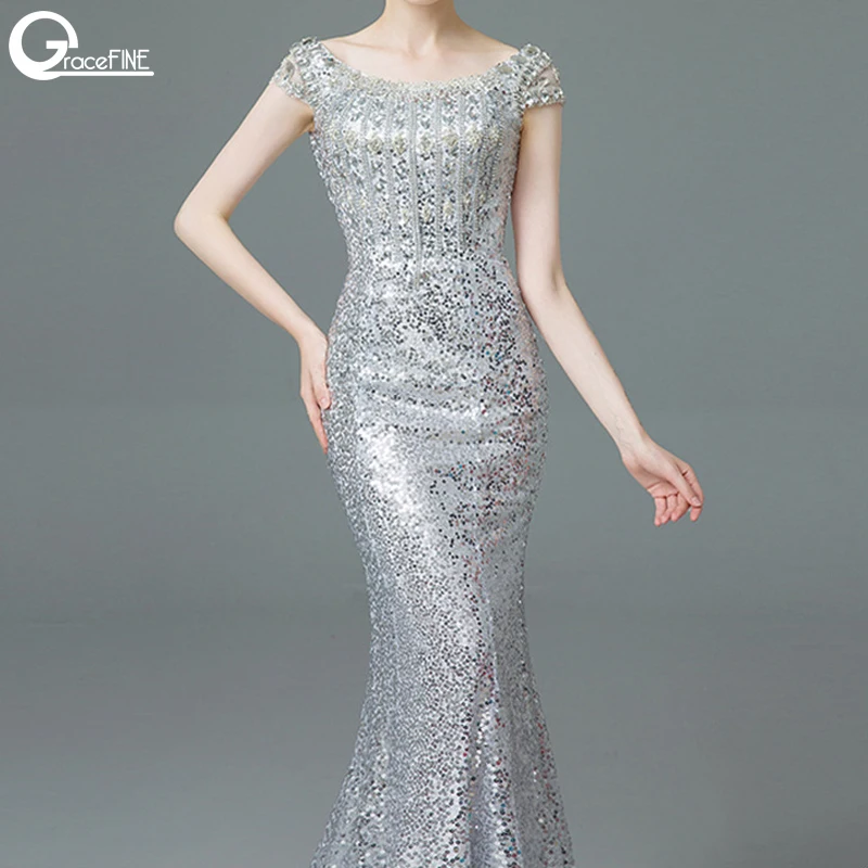 

Real Photo Bead High Quality Crystal Sequins Mermaid Bodice Bandage Long Dress Party Elegant Silver Color Vestido De Festa Gowns