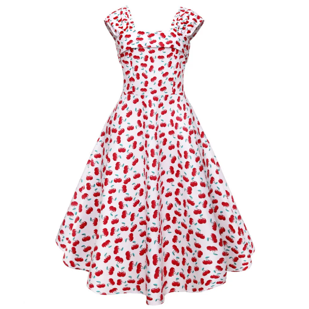 

Joineles Brand 60s Retro Dress Cherry Print Pin Up Summer Women Vintage Dress Cotton Blends Party Vestidos Robe Tunic Dresses