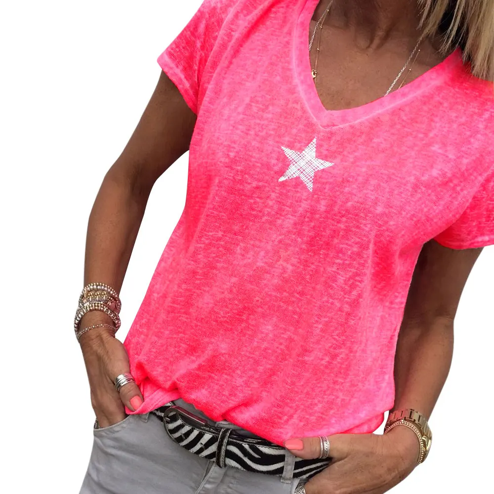 

CALOFE NEW Summer Women Star Print T Shirt Oversize Ladies Short Sleeve Casual T-shirt Female V-Neck Leisure Top Plus Size 2019