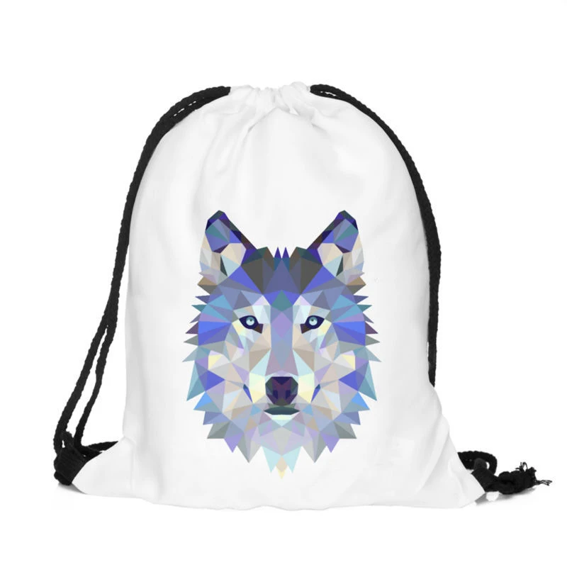 18PCS LOT Drawstring Bags Wolf 3D Printing Travel Backpack Portable Multifunctional Pouch Polyester Reusable Pouch Wholesale