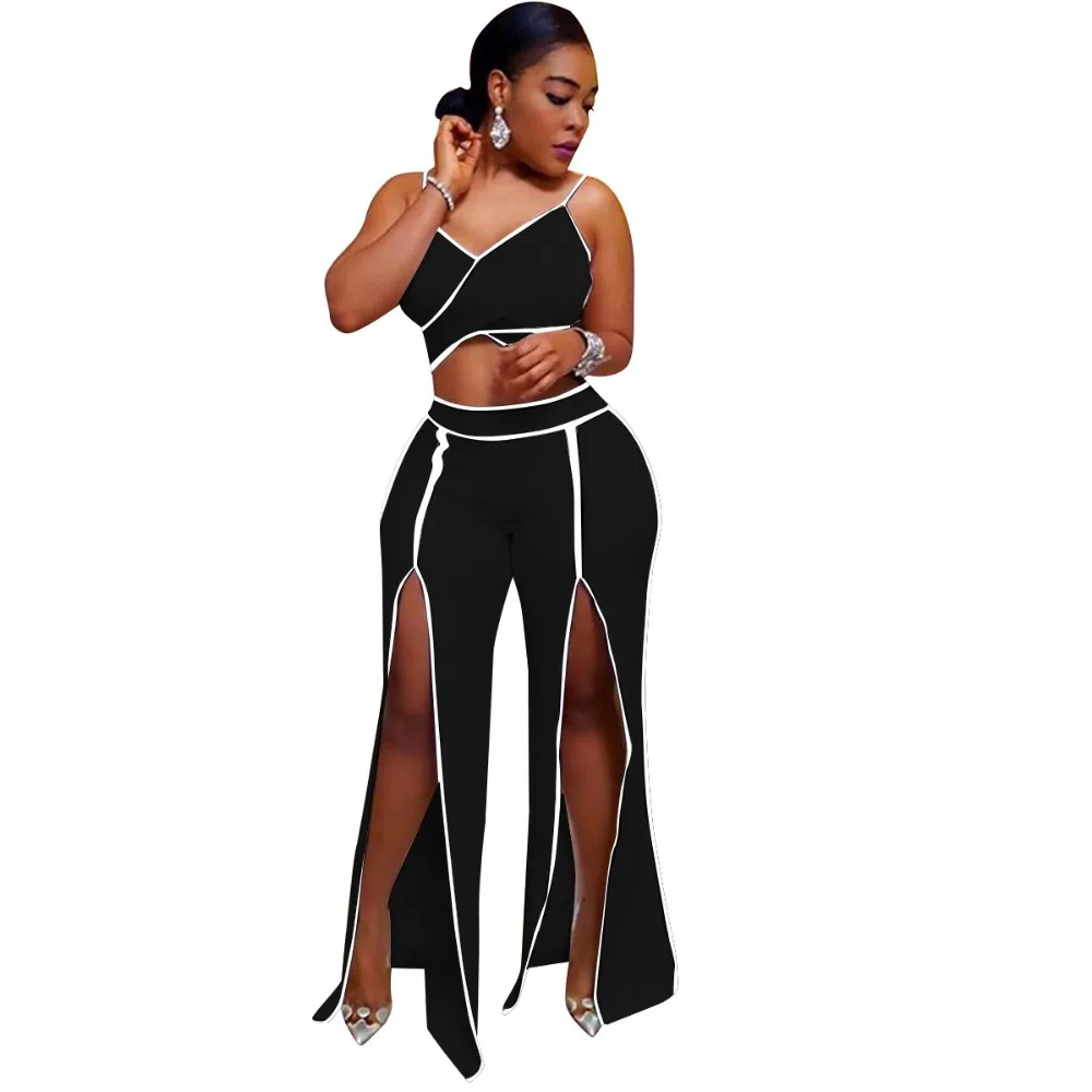 Lace Up Back Crop Top Side Slit Boot Cut 2pcs Sets Overalls Jumpsuits Outfit Summer Sexy women