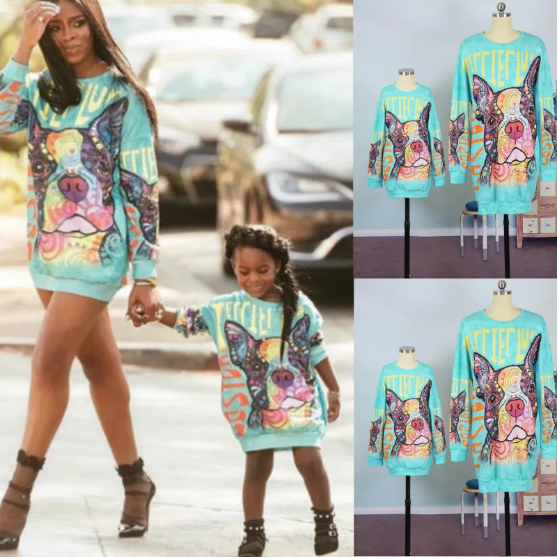 

2019 Fashion Mother and Daughter Dresses Clothes Long Sleeve Cartoon Women Dress Baby Girl Clothing Family Matching Outfits