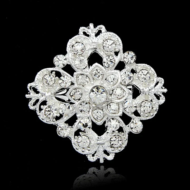 

High Quality Distinguished Rhombus Flower Crystal Rhinestone Silver-color Brooches for Women Brooch Pins Jewelry