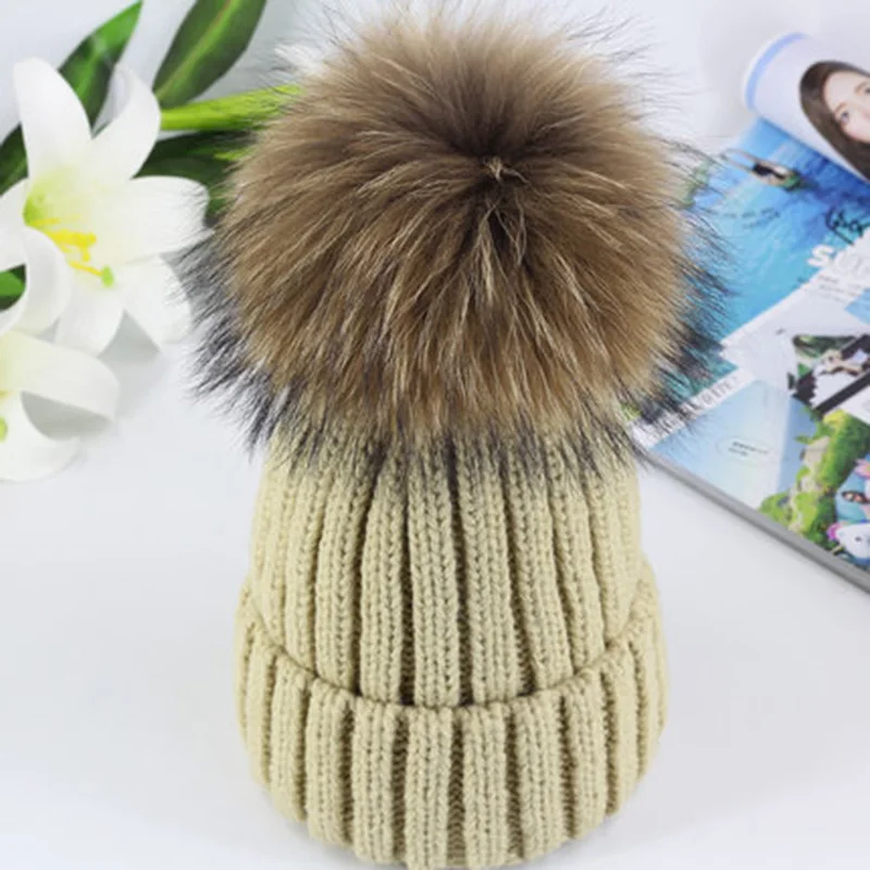 Real Fur Hat Knitted Real fox hair bulb Pom Pom Hat Women Winter Hat Unisex Kids Warm with wool Chunky Thick Stretchy Knit hat - Цвет: mink Beige