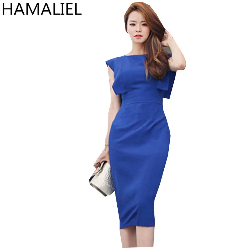 

HAMALIEL Korean Runway Women Work Pencil Dress Summer Blue Sheath Office OL Dress Formal Backless Split High Waist Bodycon Dress