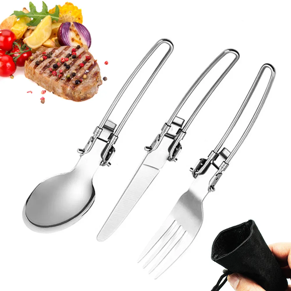 

3 Piece Set Portable Stainless Steel Folding Fork Spoon Tableware Kit Outdoor Camping Picnic BBQ WHShopping