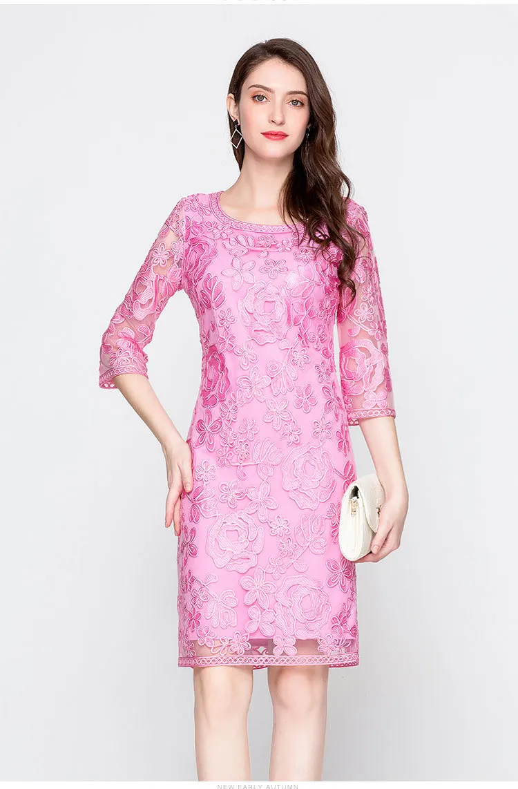 Облегающее платье-футляр, вечерние платья, высокое качество, женское платье с круглым вырезом и рукавом 3/4, роскошное платье с вышивкой, милое розовое платье 4XL