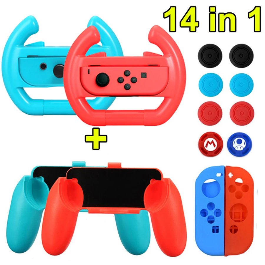 

14 Nintend Switch Accessories Nintendoswitch Racing Wheel+Handle Grips+Silicone Case+Thumb Caps for Nintendo Switch Joycon Game
