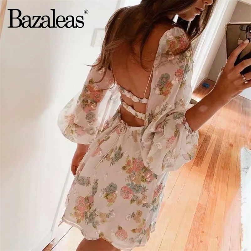 

Bazaleas Vintage Lantern Long Sleeve vestidos Appliques Floral print Women dress Fashion Chic Dresses drop shipping