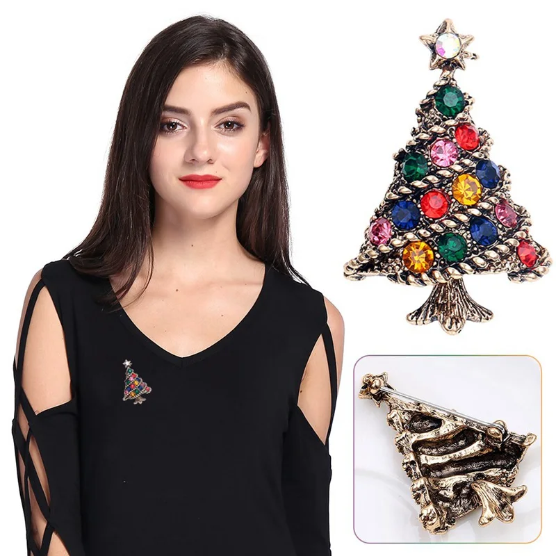 Retro Rhinestone Christmas Tree Charms Pins Brooch Women Girls Brooches