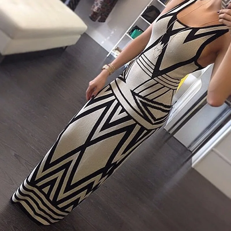

2018 Summer Geometric print long dress Women casual sleeveless bodycon vest dress sexy Low bosom Round collar party dresses
