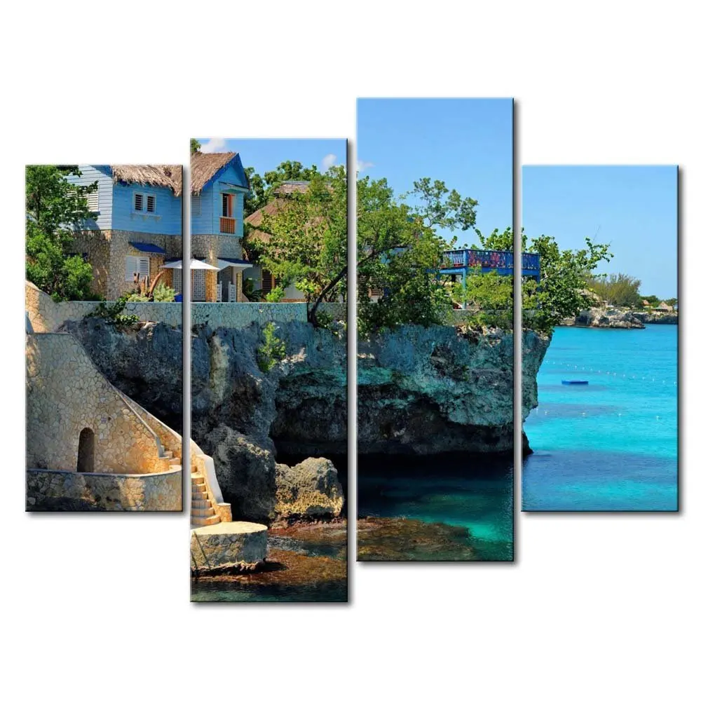 BANMU Wall Art Paintings 4 Panel Coastal House In Negril Jamaica Cliffs Prints On Canvas