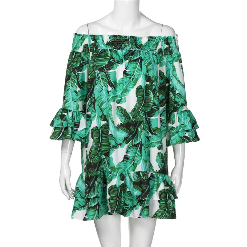 2018 HOT sell Dress summer beach dress Women Sexy Leaves Printing Off Shoulder Half Sleeve Dress Princess Dress vestido J07#N (14)