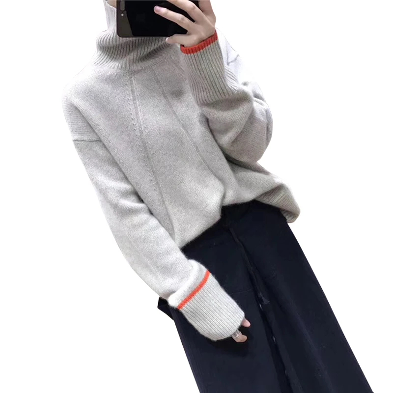 HZYRMY Autumn Winter New Women' Cashmere Sweater Fashion High Collar Loose Thick Sweaters Solid Wool Pullover Female Large Shirt Sweaters