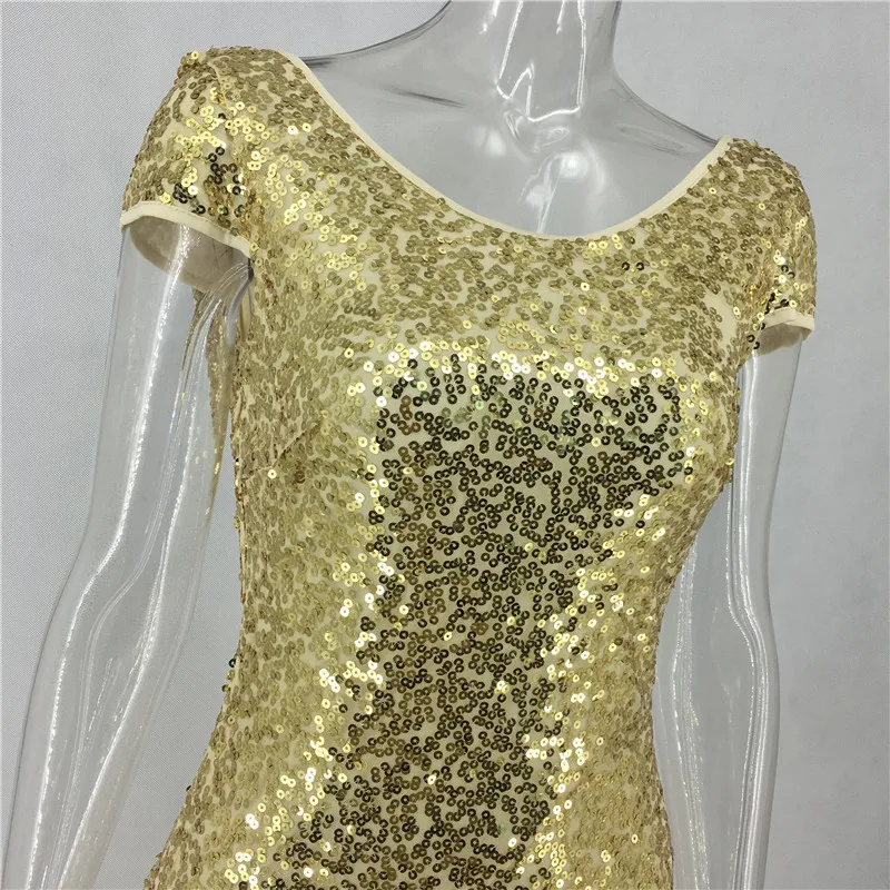 Backless Draped Gold Sequin Short Sleeve Maxi Dress Summer Women O Neck Mermaid Long Dress Sexy Elegant Evening Party Dress