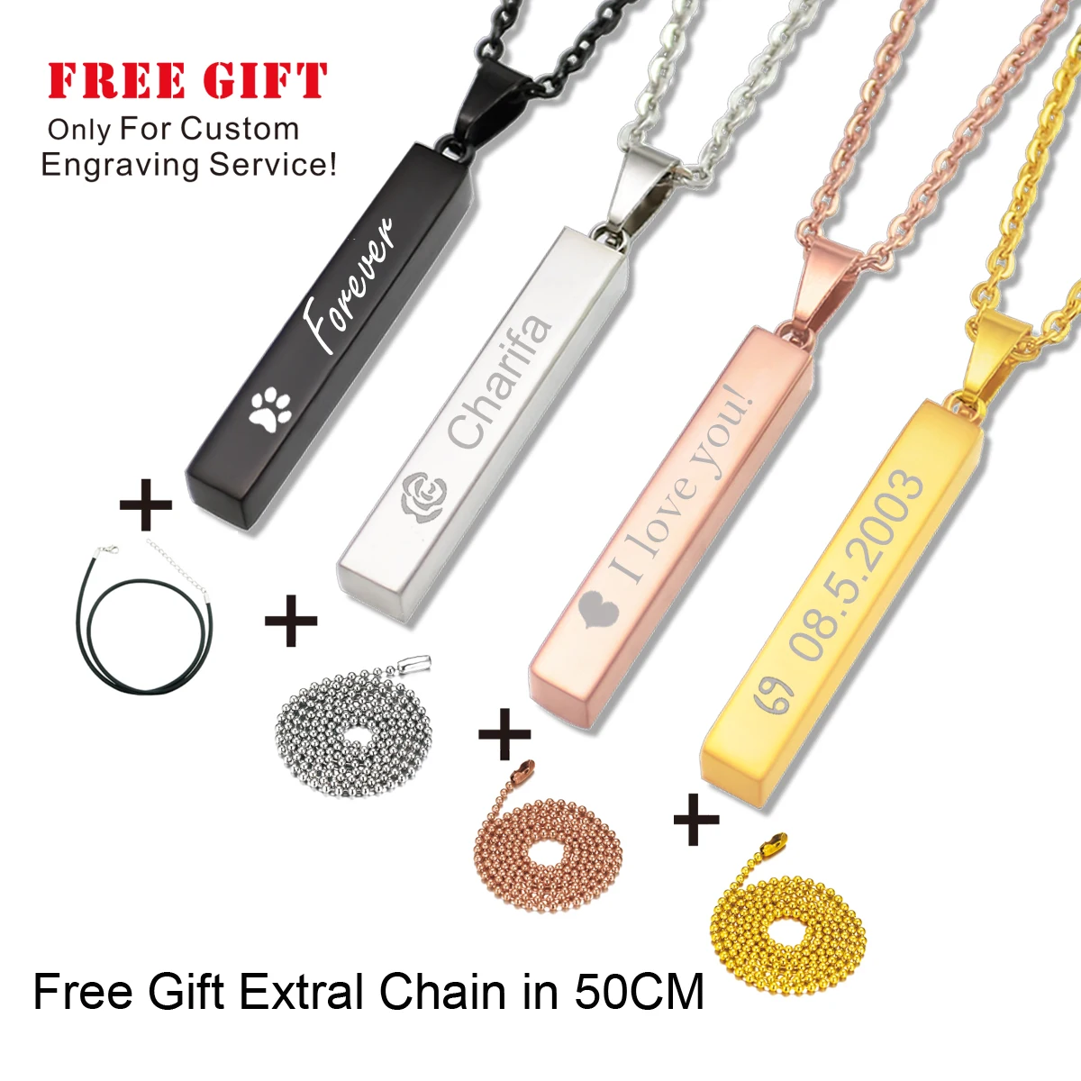 Personalized Custom Engraved Name or Words Free Engraving Men Bar Pendant Necklace chain 18 inch