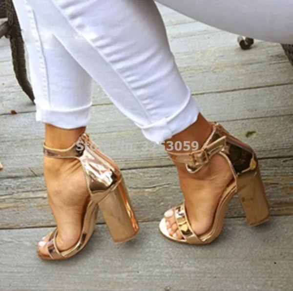 Women Chic Champagne Patent Leather Sandals Square Thick High Heels Pumps Covered Heel Single 