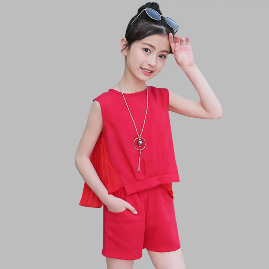 

Kids Girls Summer Clothes Set Solid Vest + Shorts Pcs Girls Outfits Teenage Costume Child 6 8 10 12 13 14 Year