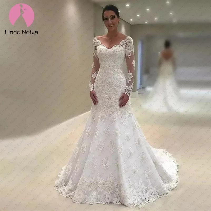 Vestido De Noiva Sereia Branco v-образным вырезом Русалка Кружева свадебное платье с длинными рукавами невесты платье со шлейфом Trouwjurk - Цвет: picture color