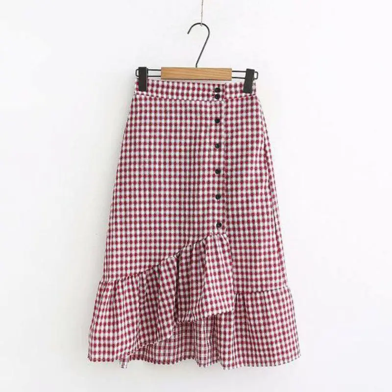 Women Skirts Elastic Waist Ruffles Elegant Skirts 3 Colors Plaid Irregular Split Skirts Summer Beach Style Casual Skirts