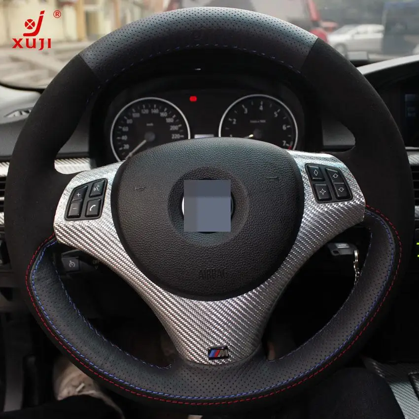 Steering Wheel Cover For BMW E90 320i XuJi Car Special Hand stitched Black Genuine Leather Suede ...