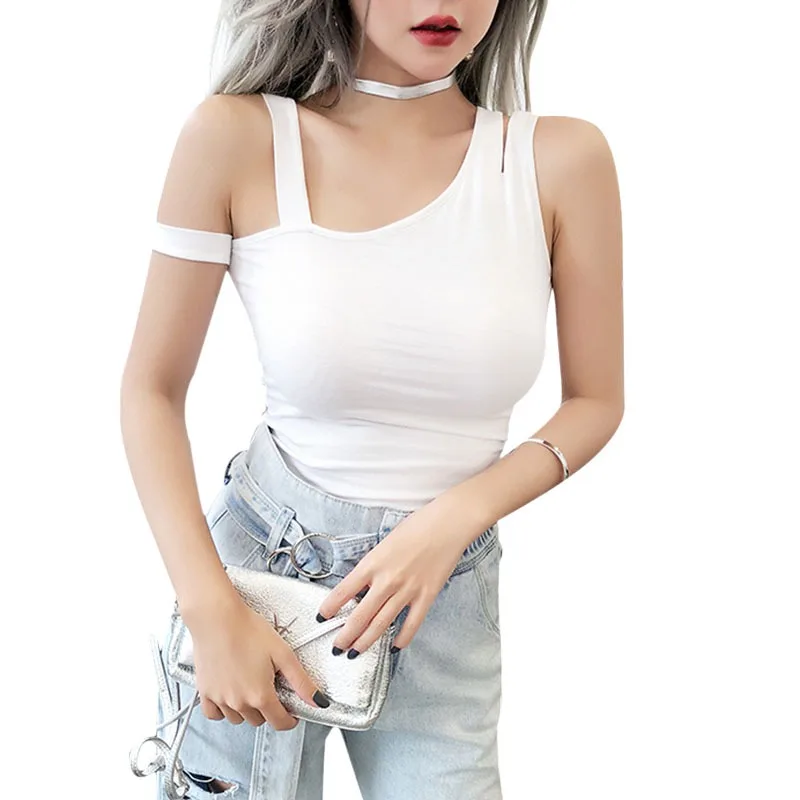 

Woman Sleeveless Women's Tshirt One Shoulder Strap T Shirt Black Top