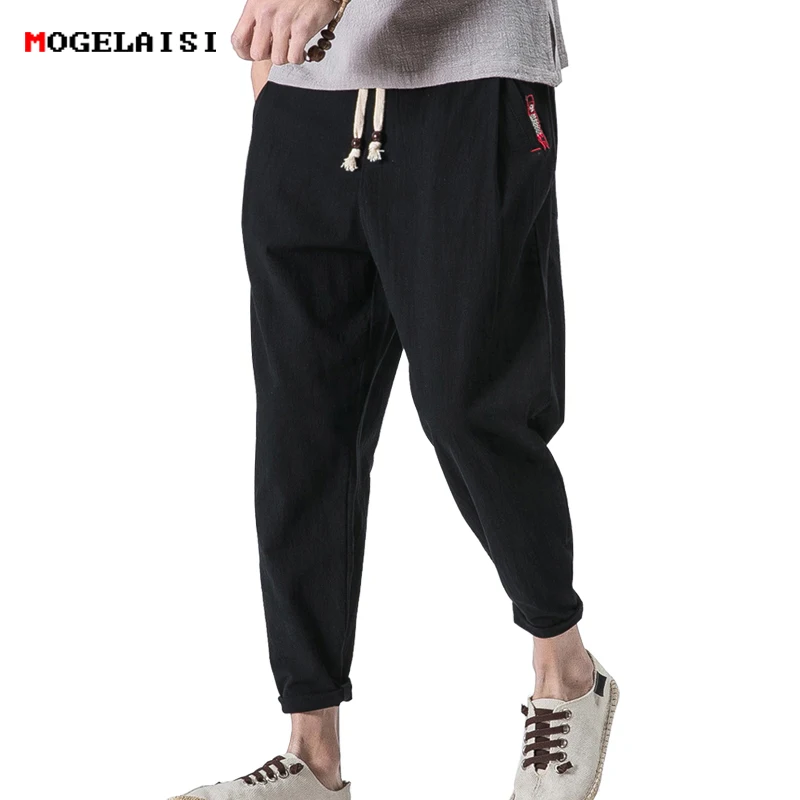 Linnen broek heren lange lichte zomerbroek regular fit met trekkoord recht effen vrijetijdsbroek mannen joggingbroek mannen casual strandbroek licht ademend katoen linnen stoffen broek, 01-Zwart, S