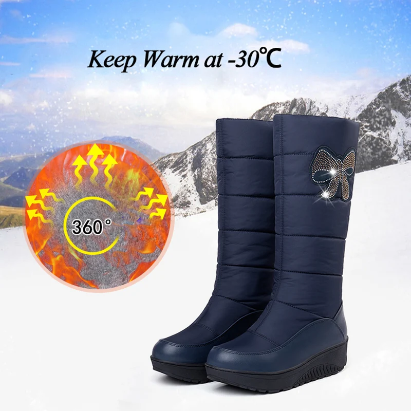 

2018 Plus Size 44 Women Knee High Winter Warm Down Plush Snow Boots Female Platform Crystal Boots Lady Rubber Red Botas Shoes
