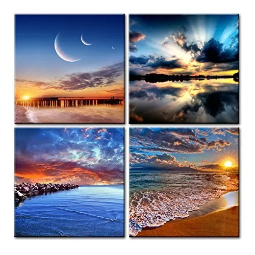 

4 Panel Sunset Beach Wall Art Canvas Seascape Picture Art Painting Ocean Canvas Painting Living Room Wall Decoration