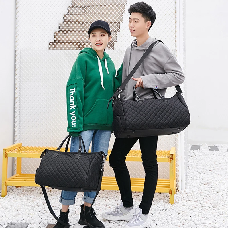 Diamond Lattice Gym Shoe Bags Sport Bag for Women Fitness Over the Shoulder Travel Luggage Bag Handbags Male Nylon Black XA745WD