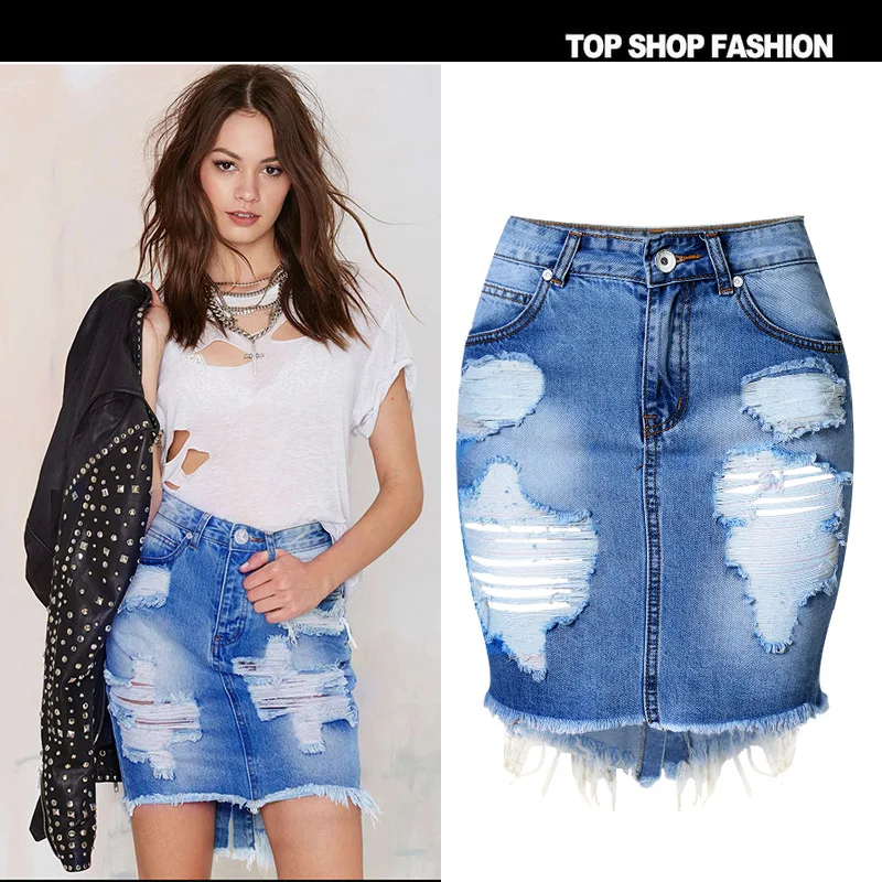 Джинсовая юбка Летние повседневные модные джинсы с потертостями и дырками с разрезом на высокой талии синяя джинсовая юбка винтажная мини-юбка feminina