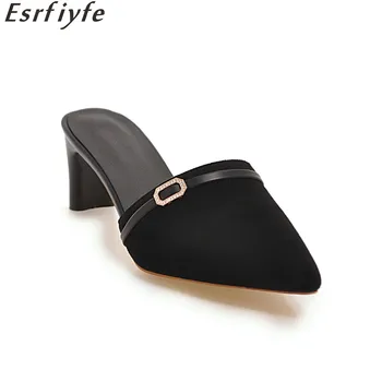 

ESRFIYFE 2018 Women Slippers Summer Pointed Toe Slide for Woman Shoes High Heels Slipper Ladies Solid Flock Mujer Crystal Shoes
