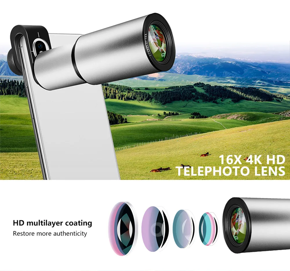 16X зум телеобъектив 4K HD монокулярный телескоп алюминиевый сплав корпус Телефон объектив камеры для iPhone samsung смартфон мобильный