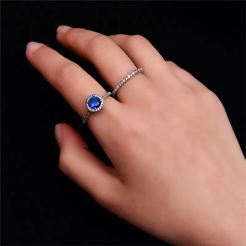 Роскошное женское кольцо с голубым камнем набор Модный женский серебряный набор милый циркон кольцо обещают обручальные кольца для влюбленных женщин