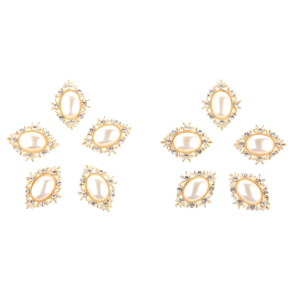 Phenovo 10 Pearl Oval Rhinestone Button Flatback Embellishment Craft Gold
