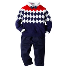 Одежда для мальчиков г. зимний хлопковый свитер с бриллиантом, рубашка, брюки галстук-бабочка, джентльменский комплект из четырех предметов, вечерние платья на день рождения