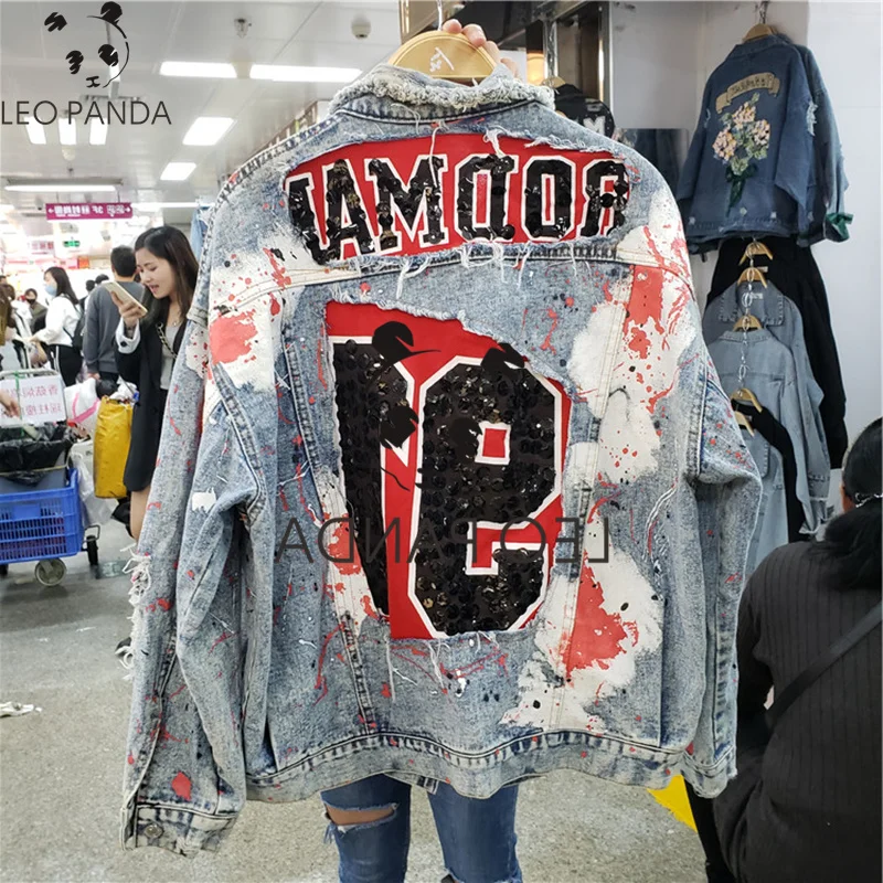 Harajuku граффити печати блёстки джинсовая куртка женские свободные куртки весна осень уличная одежда Мода Студенческая Chaqueta