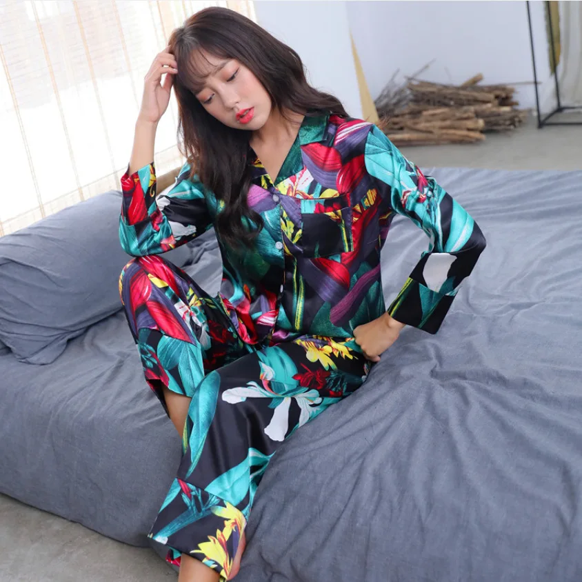 Новое поступление; Летнее женский шелковый атлас пижамные Пижамные комплекты пижама с длинными рукавами, комплект из двух предметов, большая Размеры v-образный вырез "дышащая" Пижама - Цвет: ks si bajiao lv