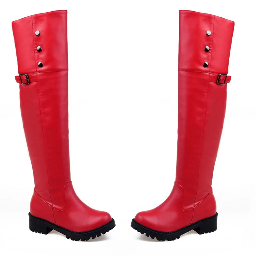 KARINLUNA/большие размеры 30-52, Новая металлическая пряжка, декорированная обувь на среднем каблуке Женские Повседневные Вечерние сапоги до колена на зиму и весну