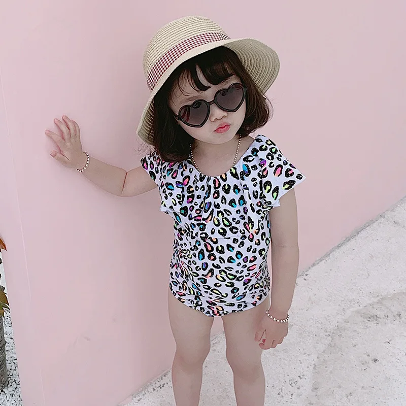 Ins/Новинка; леопардовый купальник с оборками для девочек; модный детский купальный костюм с шапкой; разноцветная леопардовая детская пляжная одежда; YZ19060
